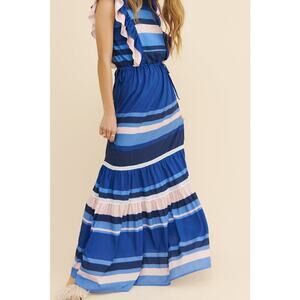 Anthropologie Especia Blue Pink Striped Zelanda Maxi Dress Size S Euro Summer